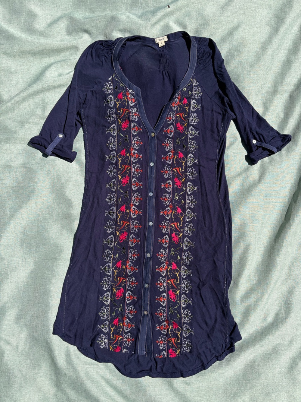 Embroidered Navy Midi Dress with Button Front